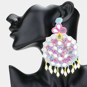 Turquoise Pink Mirror Boho Beaded Dangle Earrings Jewelry Sequin Tassel Fringe